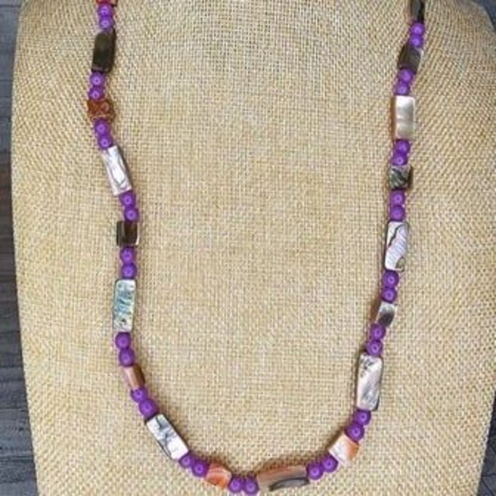 Handmade Pullover Purple Bead & Shell Bead Necklace 24"L No Clasp